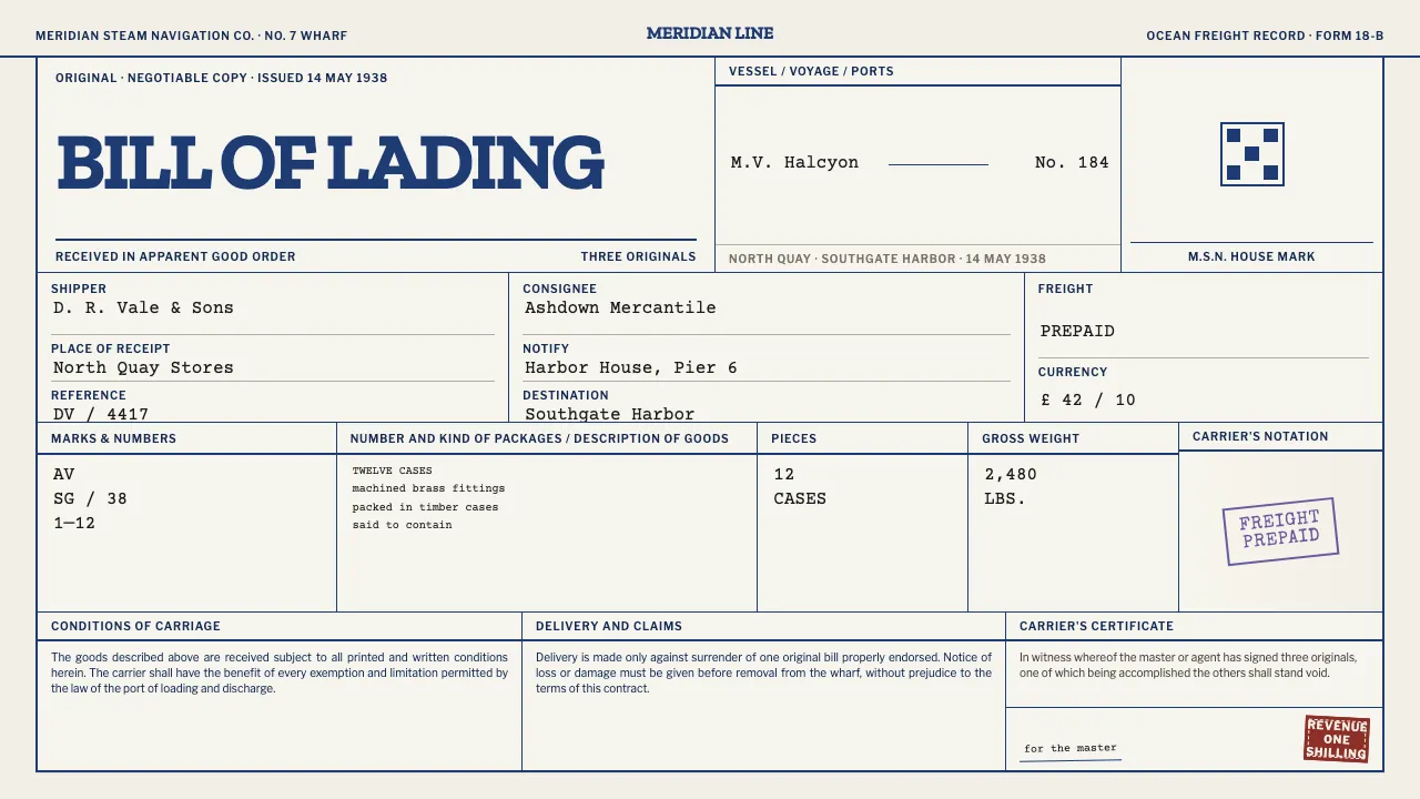 Bill of Lading — Cover