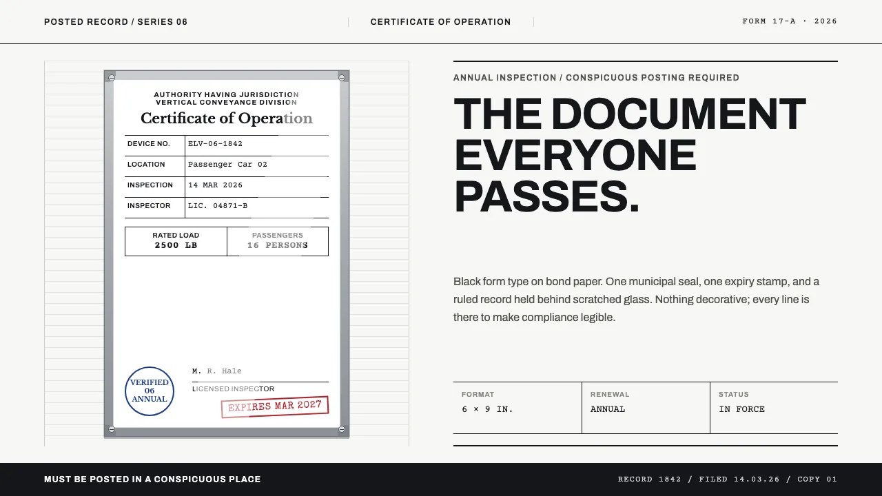 Elevator Certificate — Cover