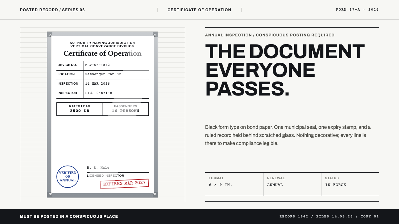Elevator Certificate design style — example