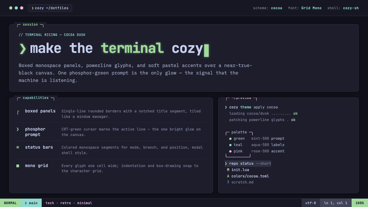 Cozy Terminal TUI Revival design style — example